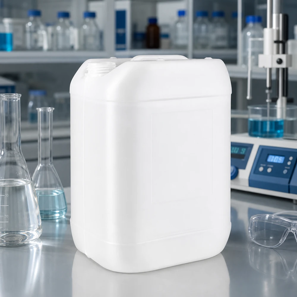 Bidon vide de 25 litres sans bouchon, en plastique blanc, destiné aux produits chimiques et aux liquides