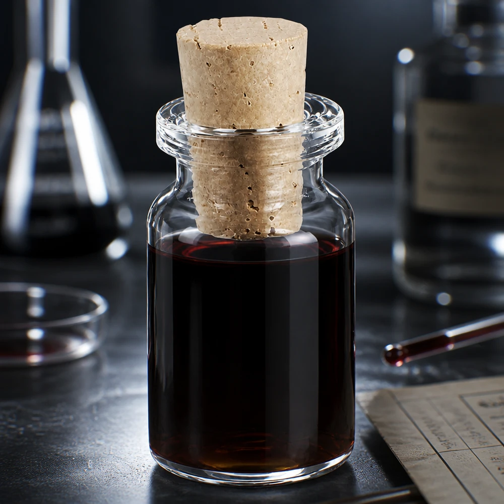 Flacon en verre clair 5 ml avec bouchon de liège 11/14 mm Kompakte Laborflasche 5ml aus Klarglas mit Korken 11/14mm neben Pipette und Notizen