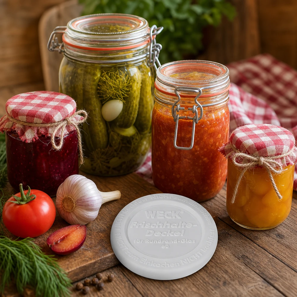 Couvercle fraîcheur WECK RR60 WECK Frischhaltedeckel RR60 Einmachgläser mit hausgemachten Konserven Marmelade Gurken Tomaten rustikale Küche