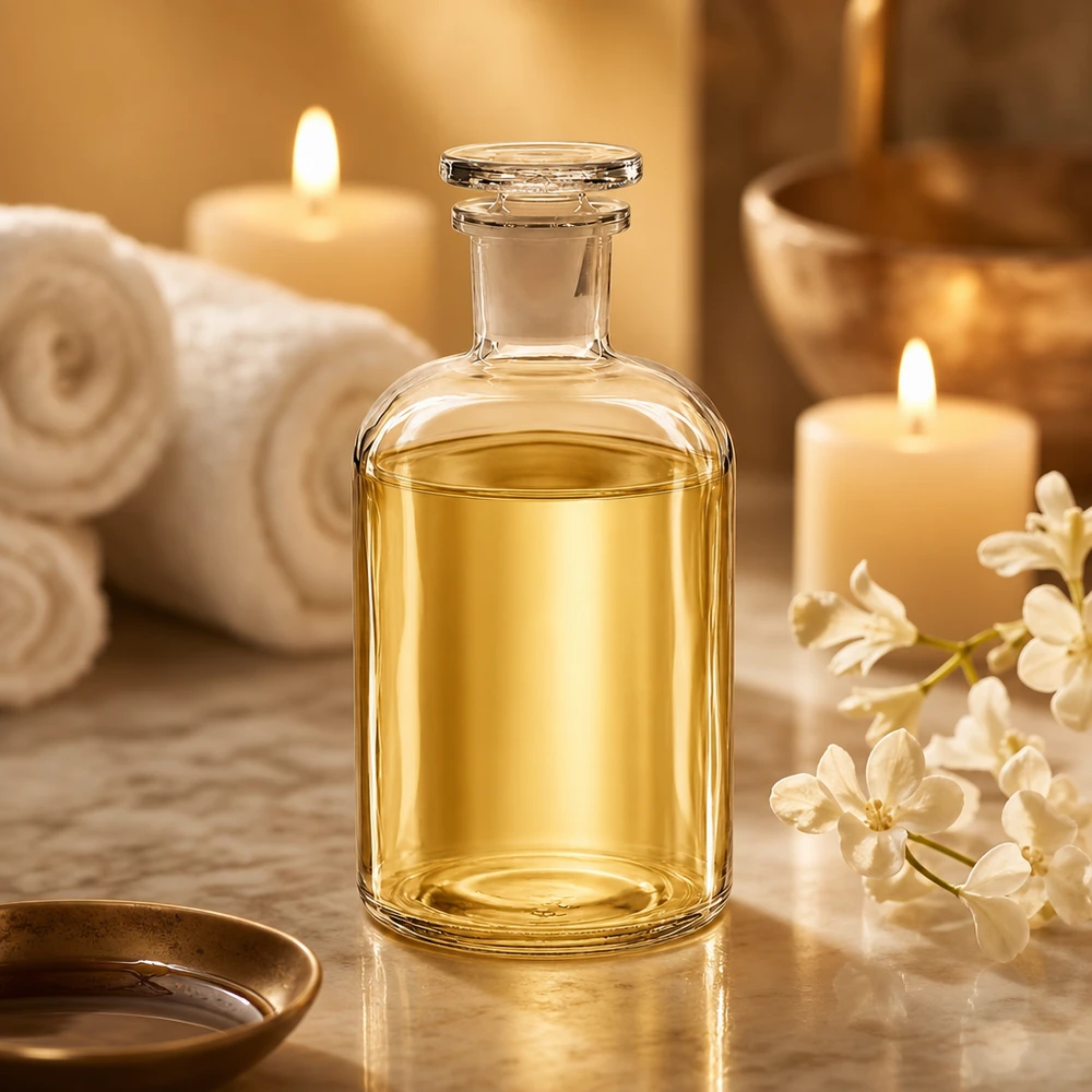 Bouteille en verre transparent à col étroit de 500 ml avec bouchon, remplie d'huile dorée, dans une ambiance spa