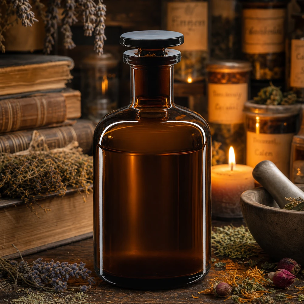 Flacon de pharmacie de 100 ml, brun, à col étroit, avec bouchon en verre, pour herbes et teintures
