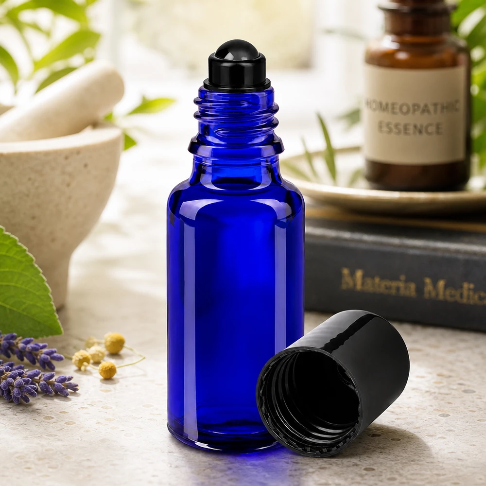 Flacon de déodorant en verre bleu 20 ml, déo à bille vide Flacon en verre bleu cobalt de 20 ml avec bille roulante noire pour huiles essentielles