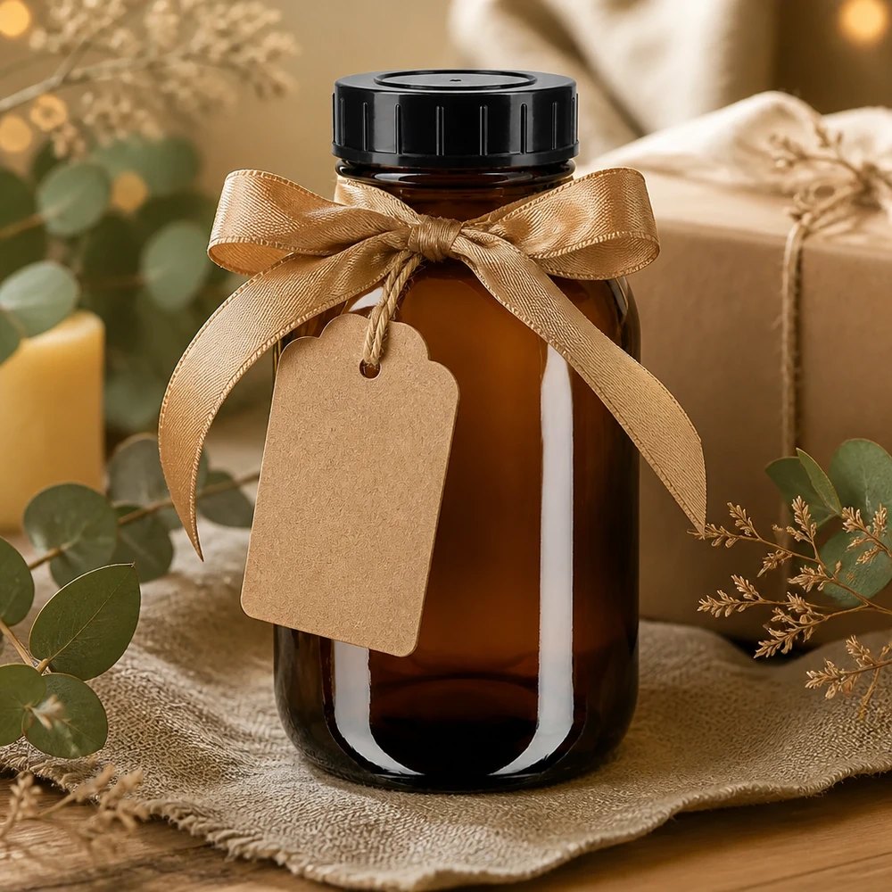 Bouteille en verre brun de 500ml à large ouverture avec bouchon vissé, idéale pour les sirops et les teintures.