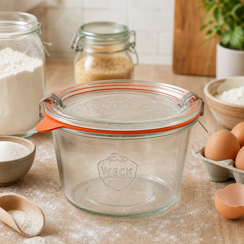 WECK Verre plongeant 370ml RR100 vide sur le plan de travail de la cuisine entre les ingrédients de cuisson montre une utilisation polyvalente en pâtisserie