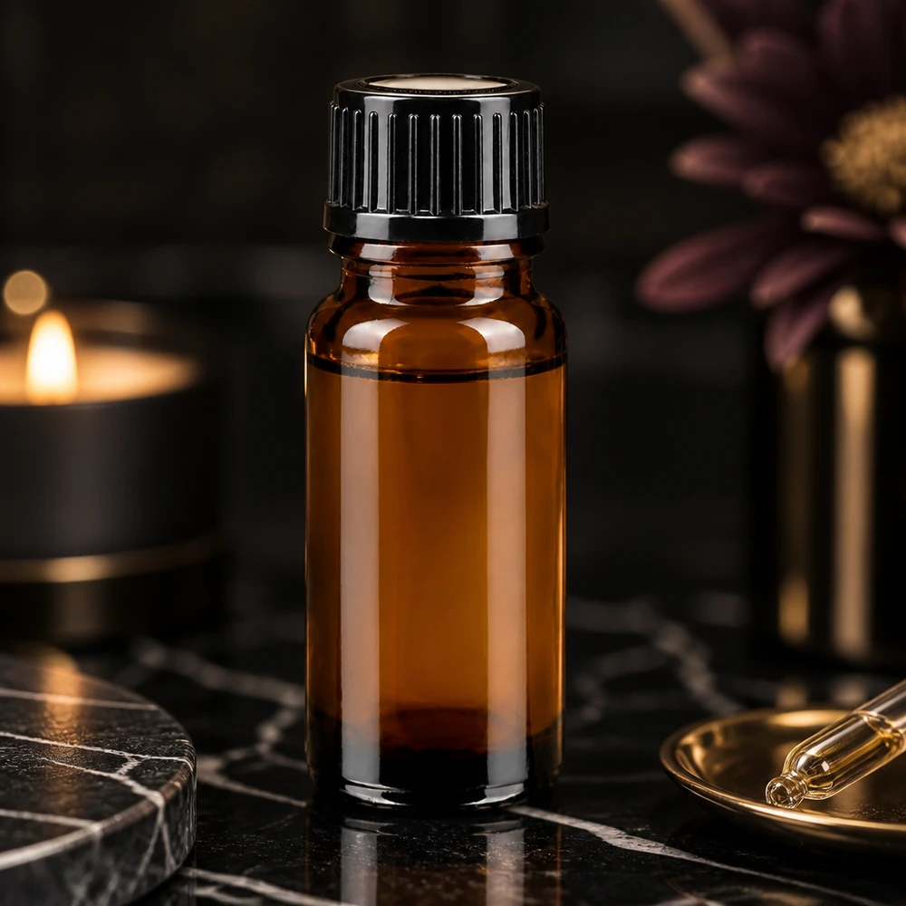 Flacon en verre ambré de 10 ml avec bouchon à vis rainuré noir, posé sur du marbre noir