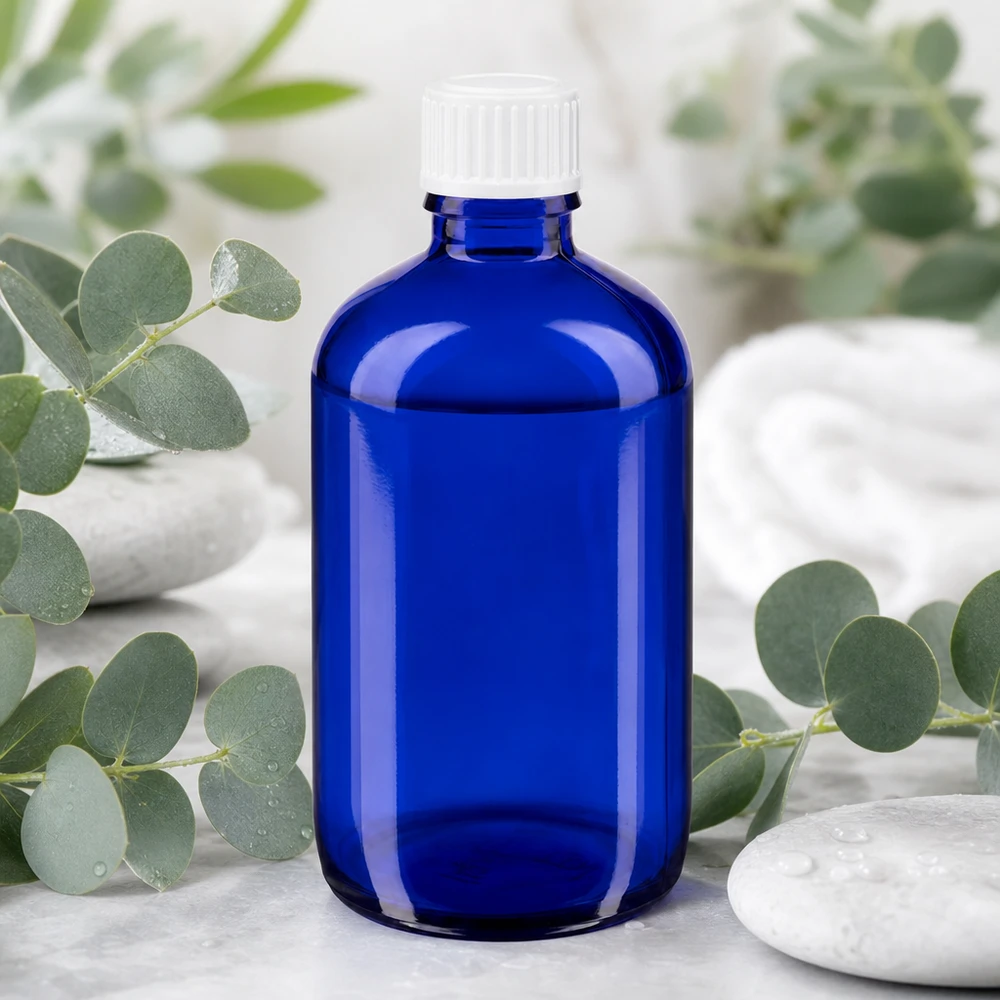 Flacon de pharmacie bleu 100ml bouchon vissable blanc standart Flacon de pharmacie bleu cobalt de 100 ml avec un bouchon blanc, posé parmi des branches d'eucalyptus