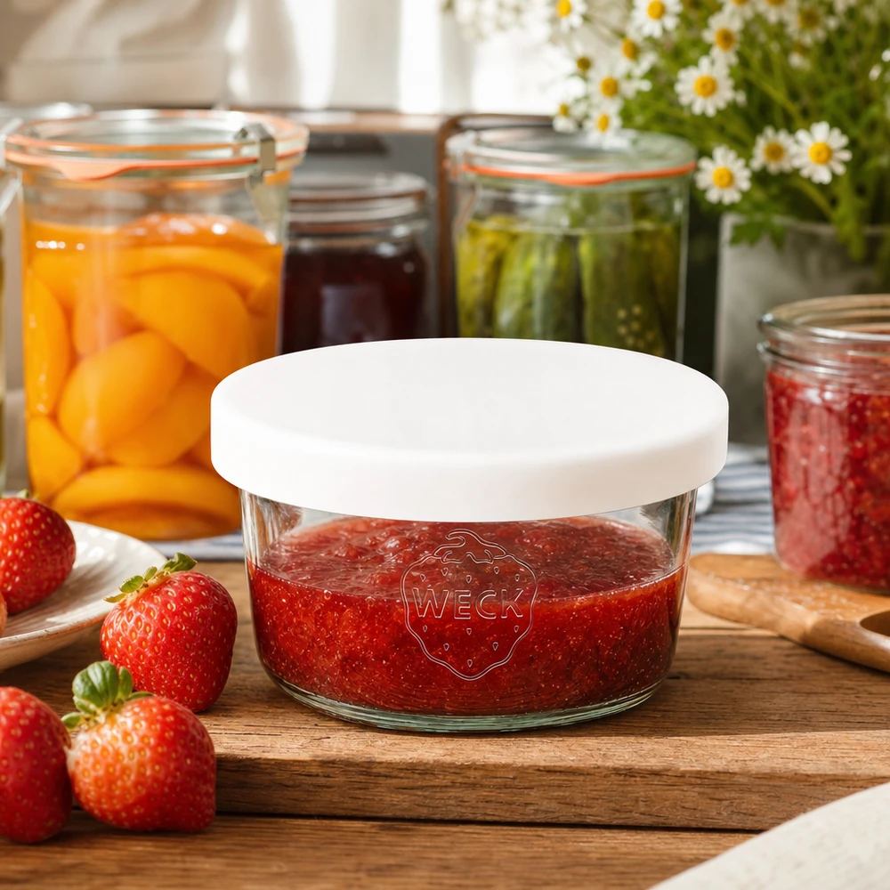 WECK Pot renversé 165ml avec couvercle en silicone blanc rempli de confiture de fraises à côté de fraises fraîches sur planche en bois