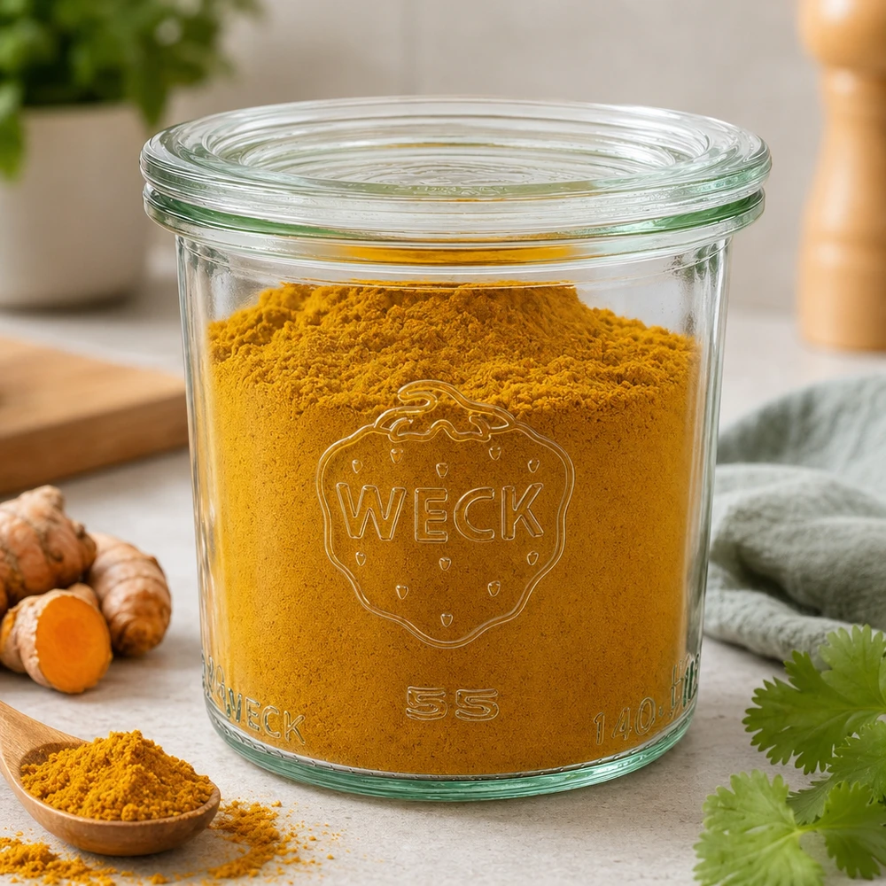 Bocal en verre de 140 ml avec couvercle en verre WECK RR60 WECK Sturzglas 140ml RR60 mit Kurkumapulver gefüllt zeigt Verwendung als Gewürzglas neben frischem Kurkuma