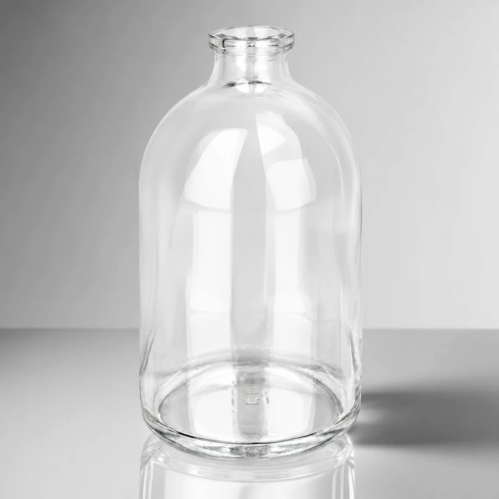 Flacon pour solution injectable, 100 ml en verre clair Zylindrische Pharmaglasflasche 100ml mit geradem Standring und konisch zulaufendem Hals