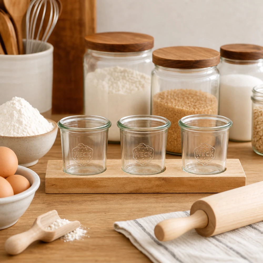 Plateau de service Plano3 avec 3 bocaux Weck de 140 ml Pots WECK vides 140ml sur planche en bois Plano3 dans cuisine avec ingrédients farine oeufs et rouleau à pâtisserie pour la cuisson