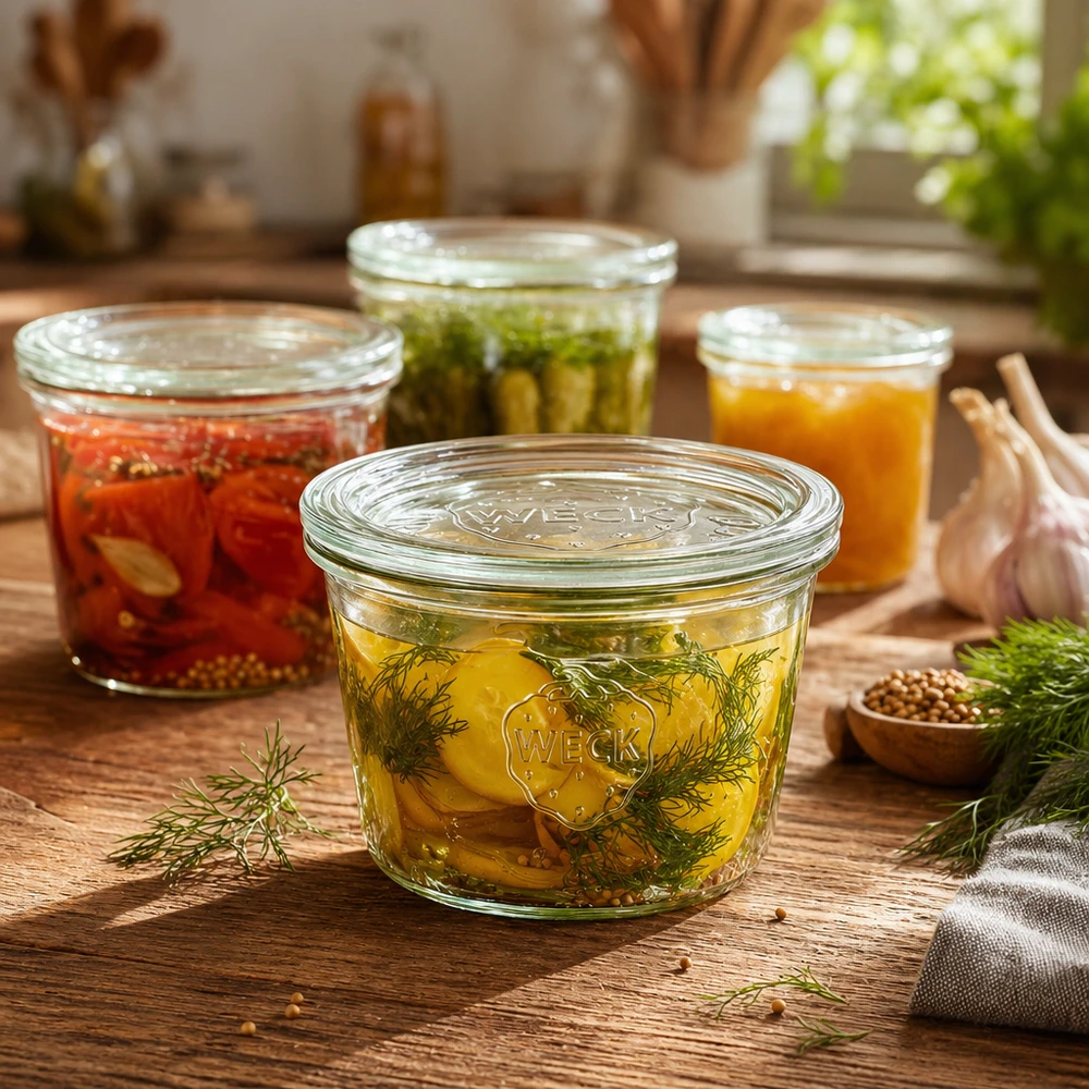 WECK Pot renversé 370ml RR100 rempli de cornichons et d'aneth à côté d'autres bocaux sur une table en bois