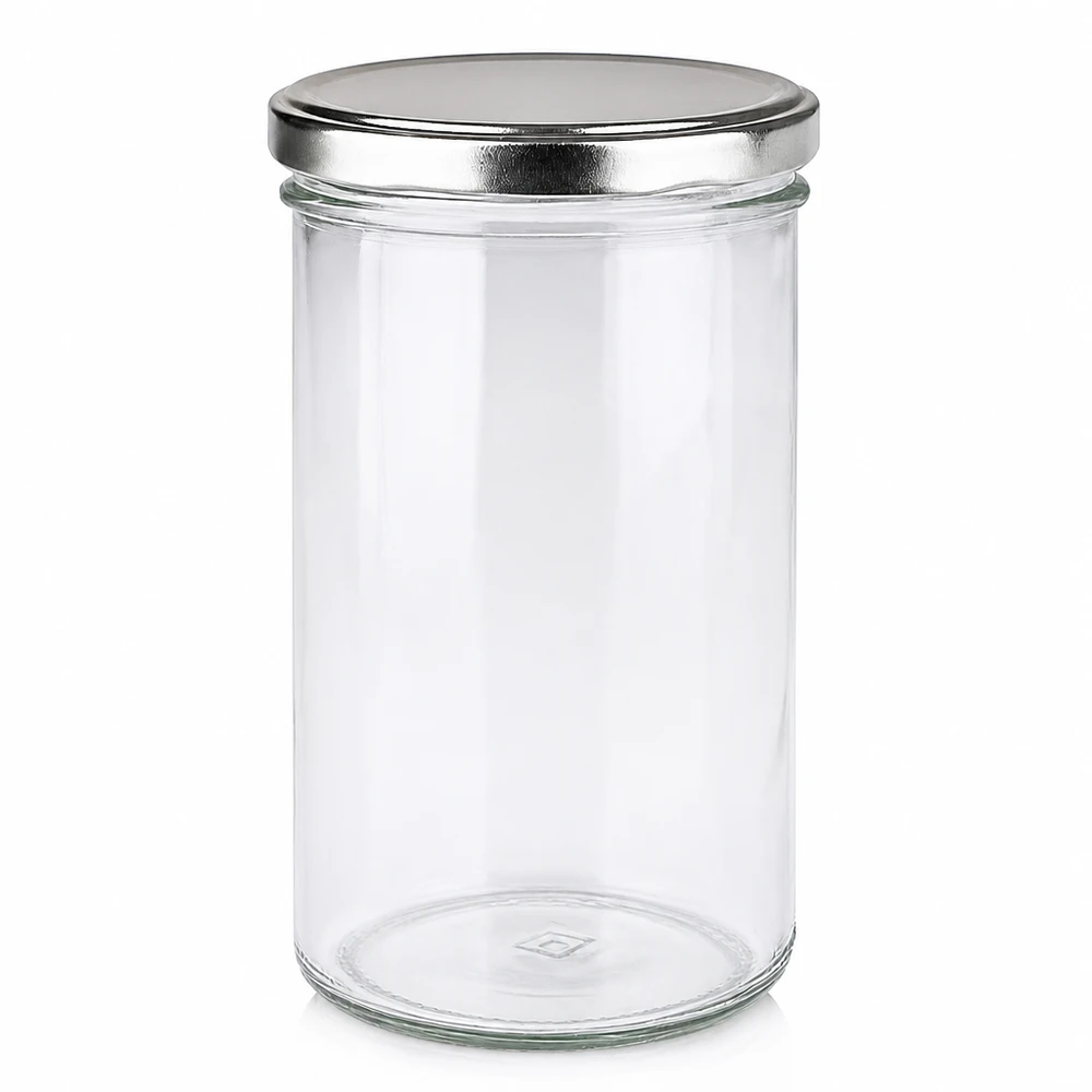 Pot de 277ml avec couvercle BasicSeal argenté vide sur fond blanc Pot de conservation