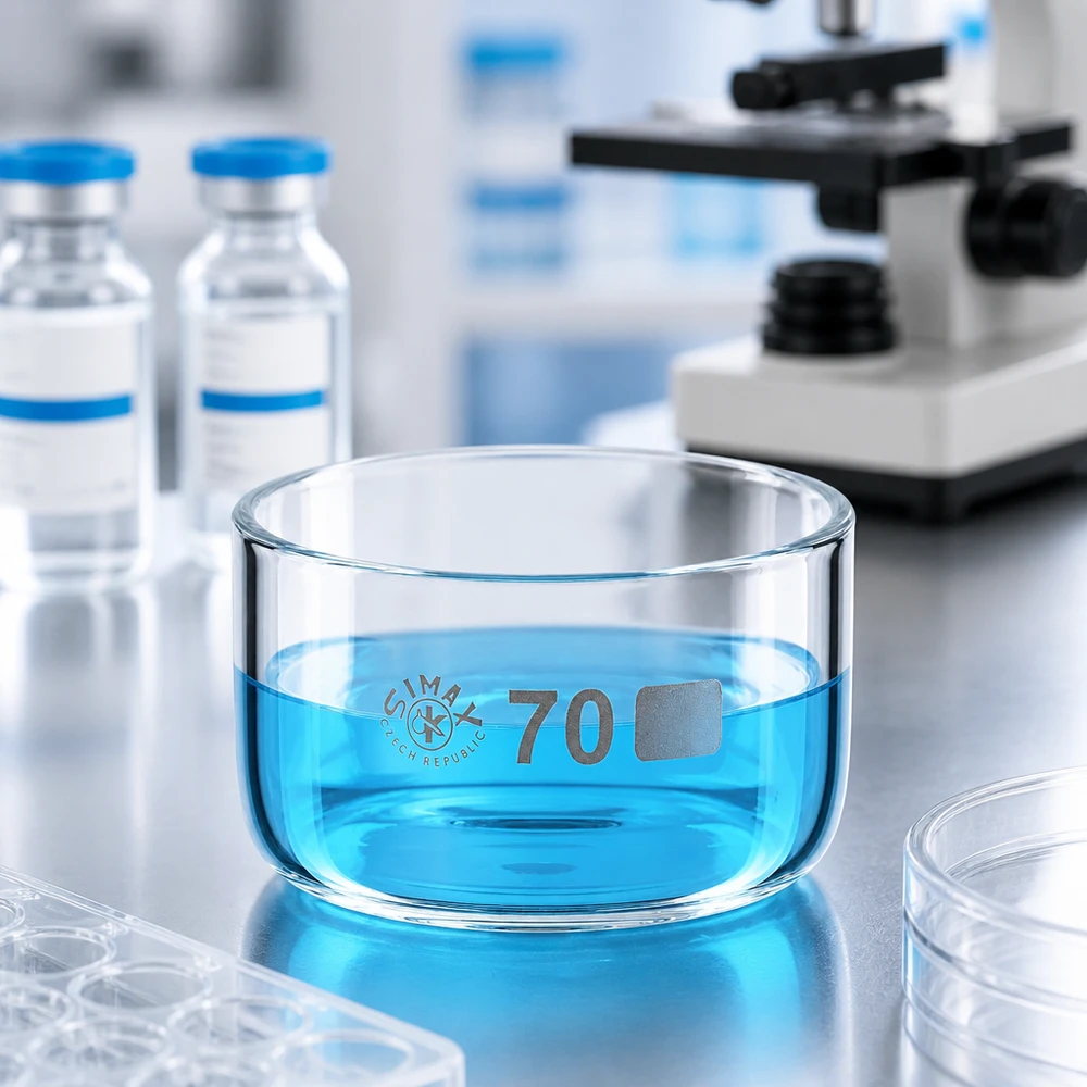 Coupelle de cristallisation 100 ml sans bec verseur Coupelle de cristallisation Simax de 100 ml remplie d'un liquide bleu, entre des flacons de laboratoire et un microscope