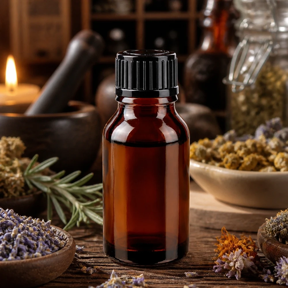 Flacon en verre brun 15ml avec bouchon à vis noir Petite bouteille en verre brun de 15 ml avec un bouchon à vis noir, contenant des herbes médicinales séchées