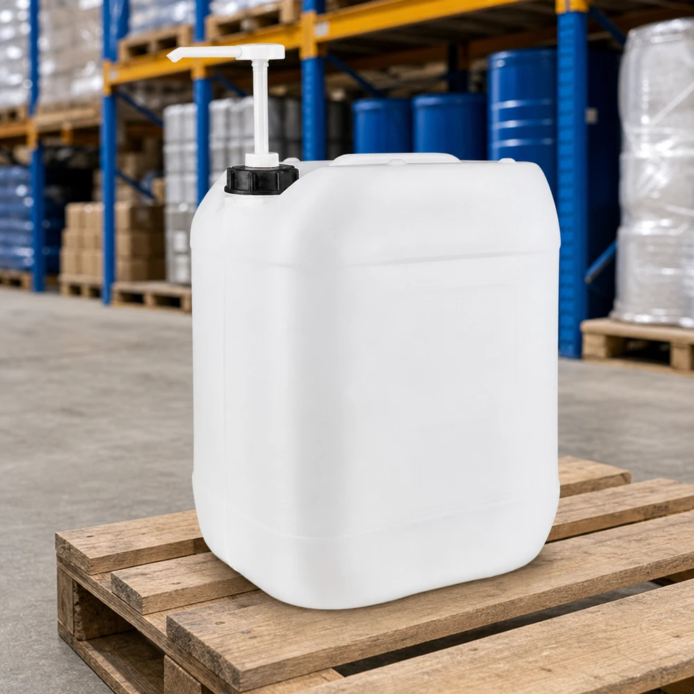 Bidon rectangulaire de 20 litres muni d'une pompe doseuse, posé sur une palette en bois dans un entrepôt industriel