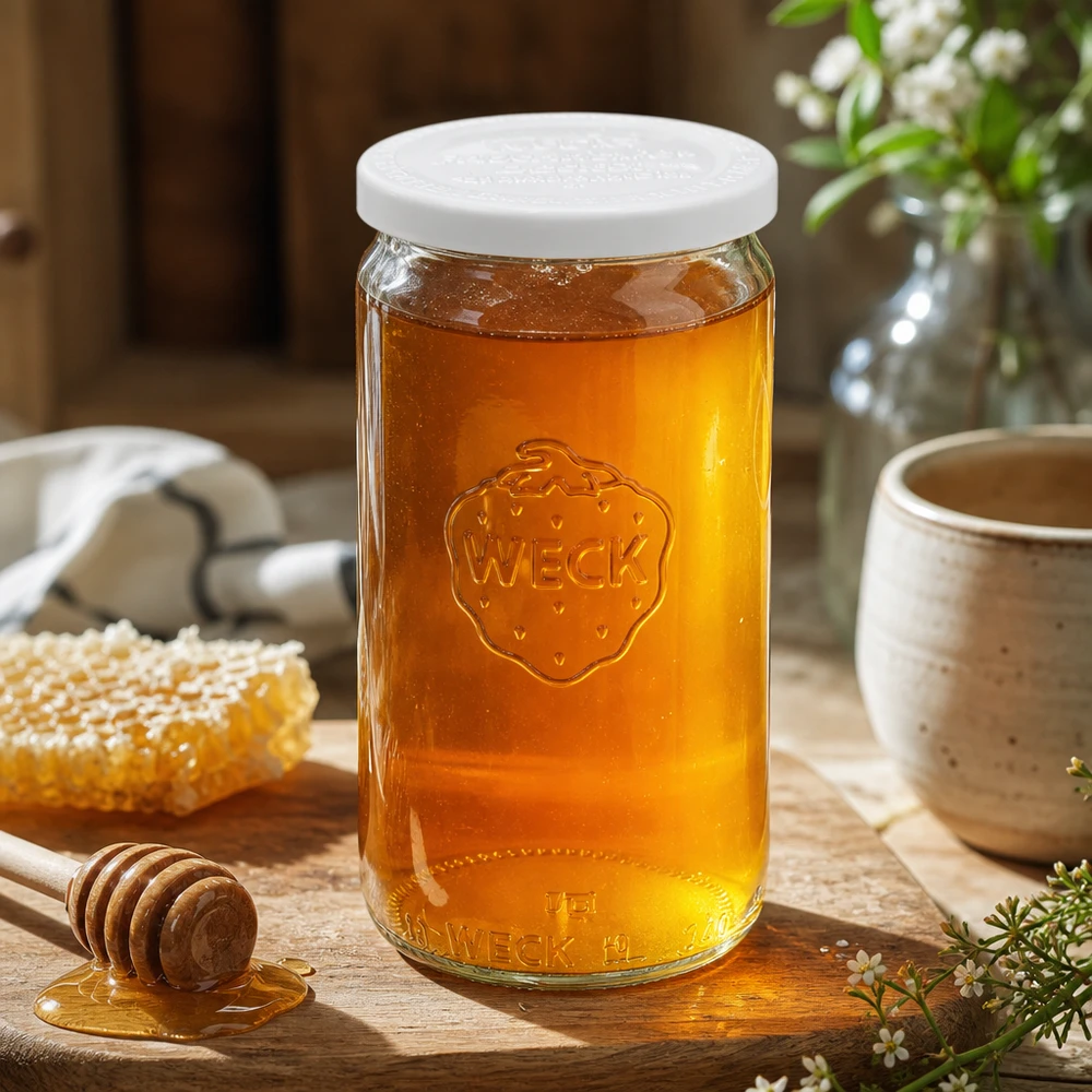 340ml bocal cylindrique avec couvercle fraîcheur WECK RR60 WECK Pot cylindrique de 340ml rempli de miel avec couvercle fraîcheur blanc RR60 sur table en bois avec cuillère à miel