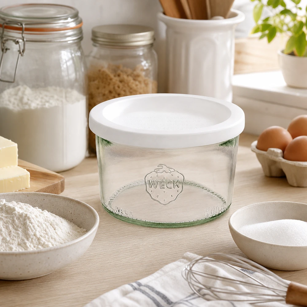 200ml bocal conique avec couvercle fraîcheur WECK RR80 WECK Sturzglas 200ml RR80 in ästhetischer Küche mit Backzutaten Mehl Eiern und Vorratsgläsern zum Backen