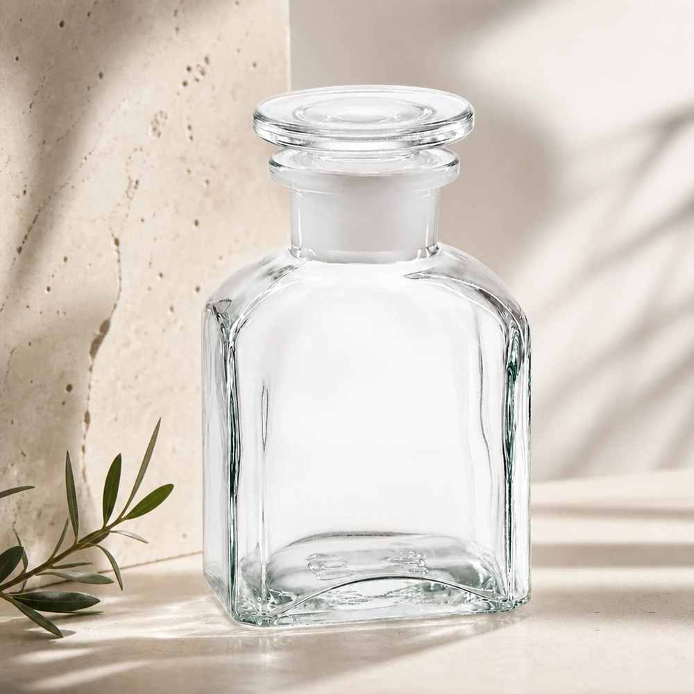 Flacon carré col large 150 ml + bouchon RIN, verre clair Bouteille carrée de 150 ml à col large, transparente, avec bouchon en verre mat, pour la décoration et le rangement