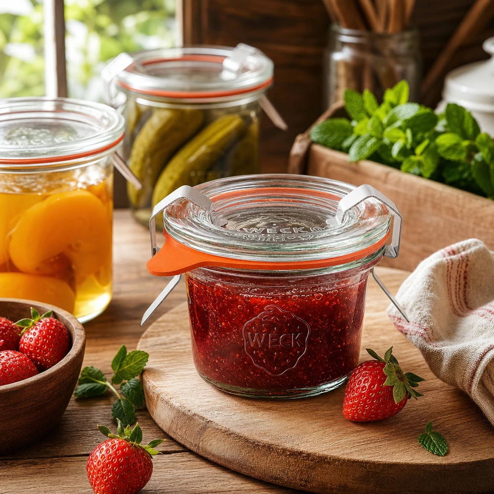 35ml bocal conique complet WECK RR40 WECK Pot renversé 35ml RR40 dans la cuisine rempli de confiture à côté de fraises fraîches et autres bocaux de conservation