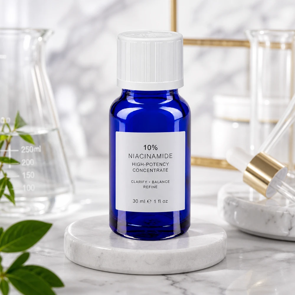 Flacon à usage pharmaceutique bleu 10ml bouchon compte-gouttes blanc séc. enf. 0.8mm Flacon compte-gouttes bleu de 10 ml en verre de pharmacie, muni d'un bouchon de sécurité blanc pour enfants, contenant un sérum à la niacinamide