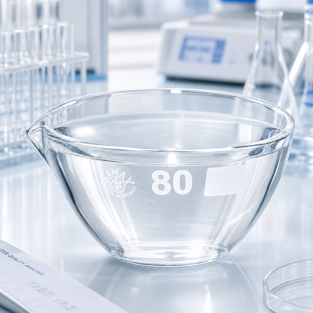 Capsule d’évaporation 90 ml en verre borosilicate, avec bec verseur Bol d'évaporation en borosilicate résistant aux produits chimiques de 90 ml avec bec verseur pour les expériences de laboratoire