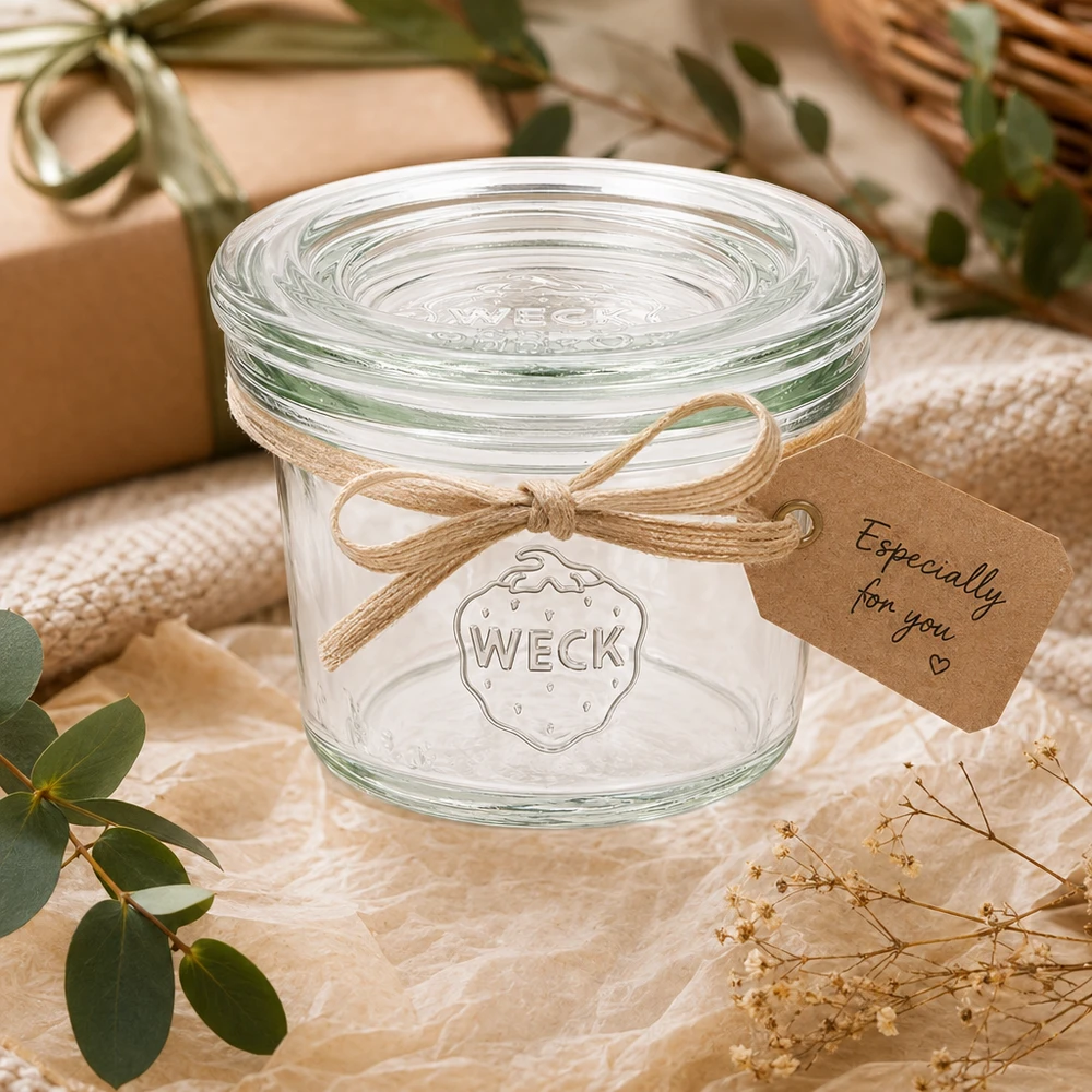 35ml bocal conique avec bouchon en verre WECK RR40 35ml WECK Pot renversé RR40 comme cadeau décoré avec un ruban et un pendentif dans une ambiance naturelle avec des plantes