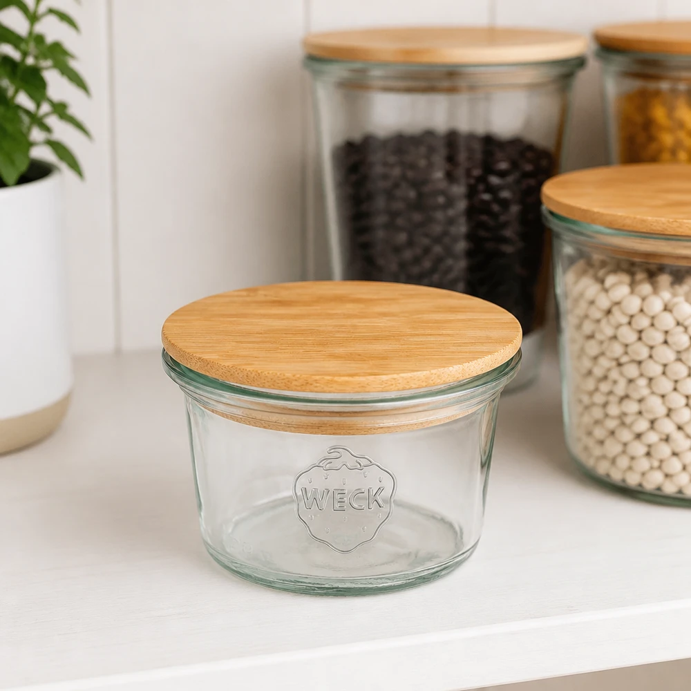 WECK Mini bocal renversé 35ml RR40 avec couvercle en bois de bambou dans la cuisine moderne à côté des bocaux à provisions avec haricots et lentilles