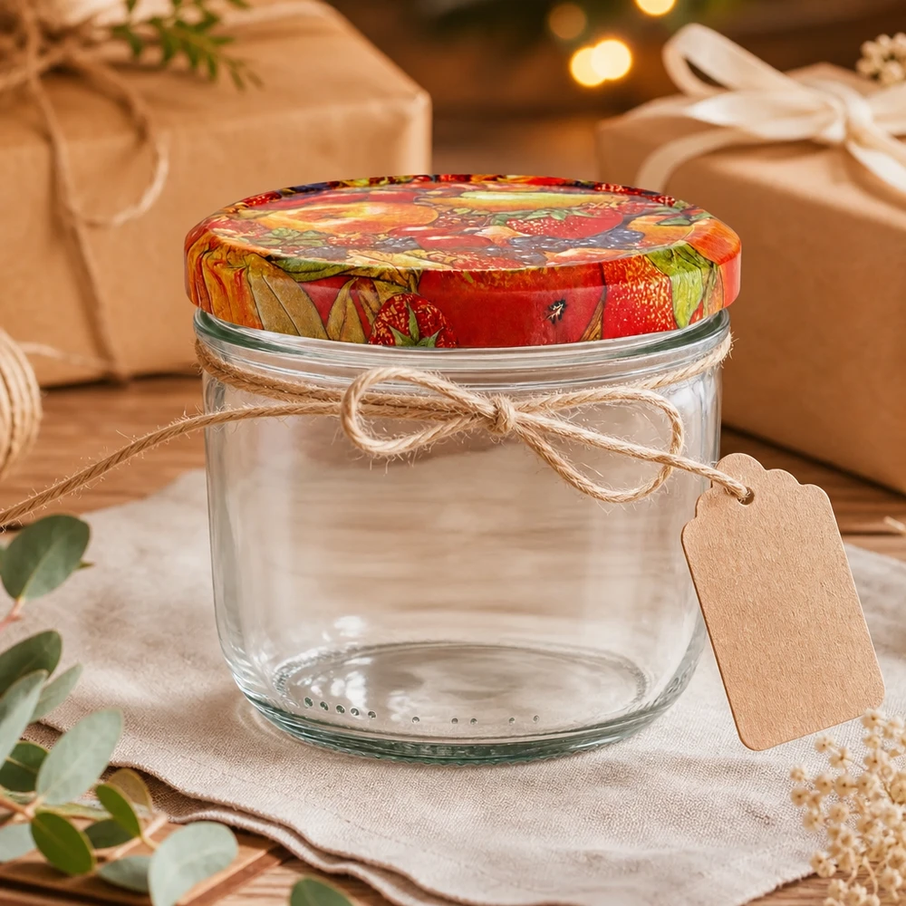 Verre renversé de 230 ml avec couvercle décoratif BasicSeal pour les fruits, décoré avec un ruban et un pendentif