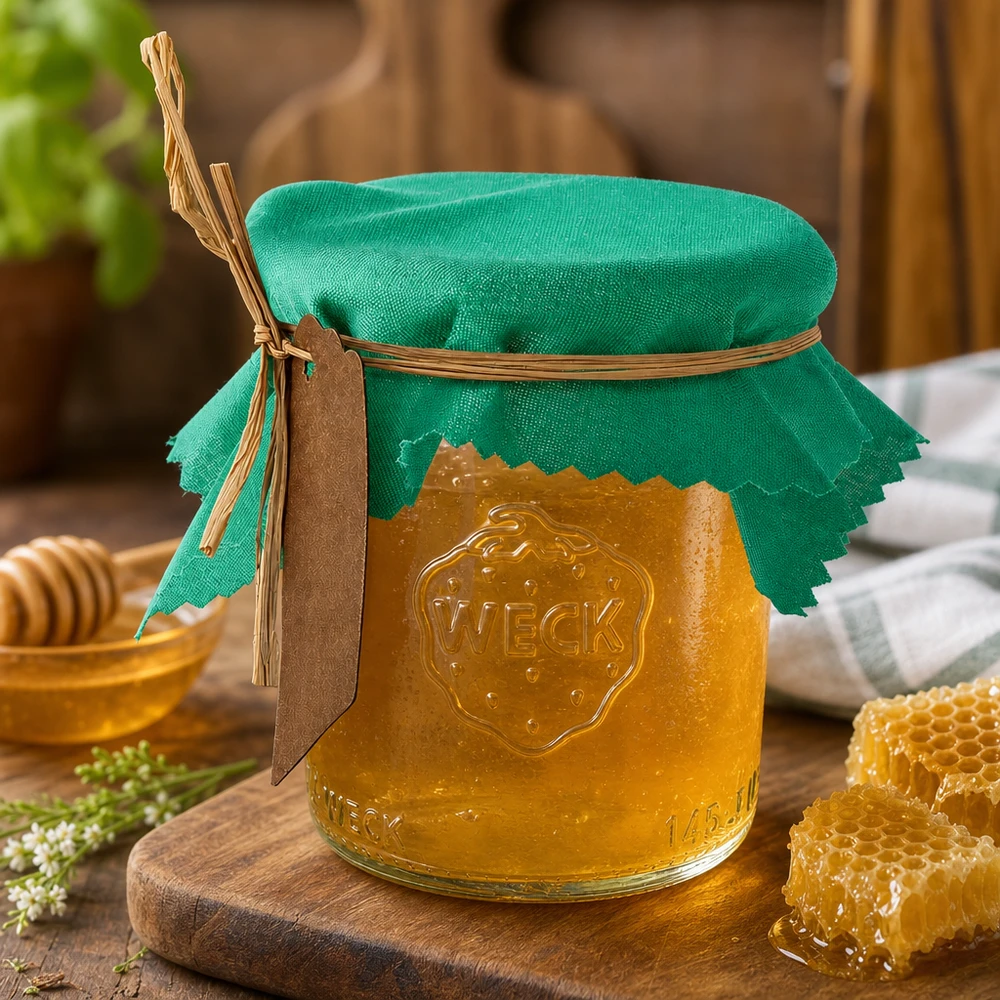 Tissu napperon pour décoratif verte 12cm carré Couvercle en tissu vert 12cm carré sur pot de miel avec nid d'abeille et cuillère en bois - conservation naturelle de la cuisine