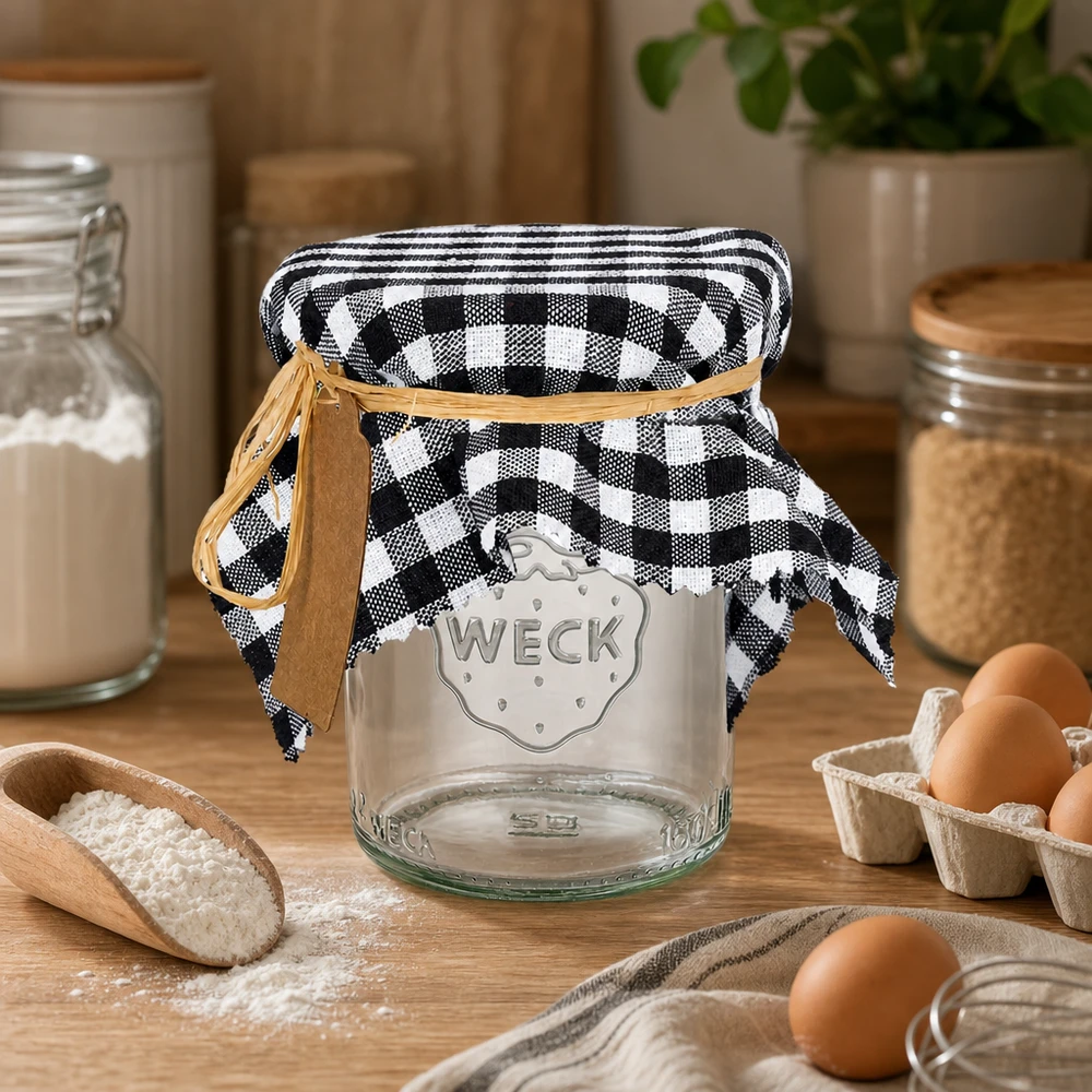 Couvercle à carreaux noirs avec ruban en cuir sur bocal WECK à côté d'œufs et de farine dans une cuisine rustique 15cm carré