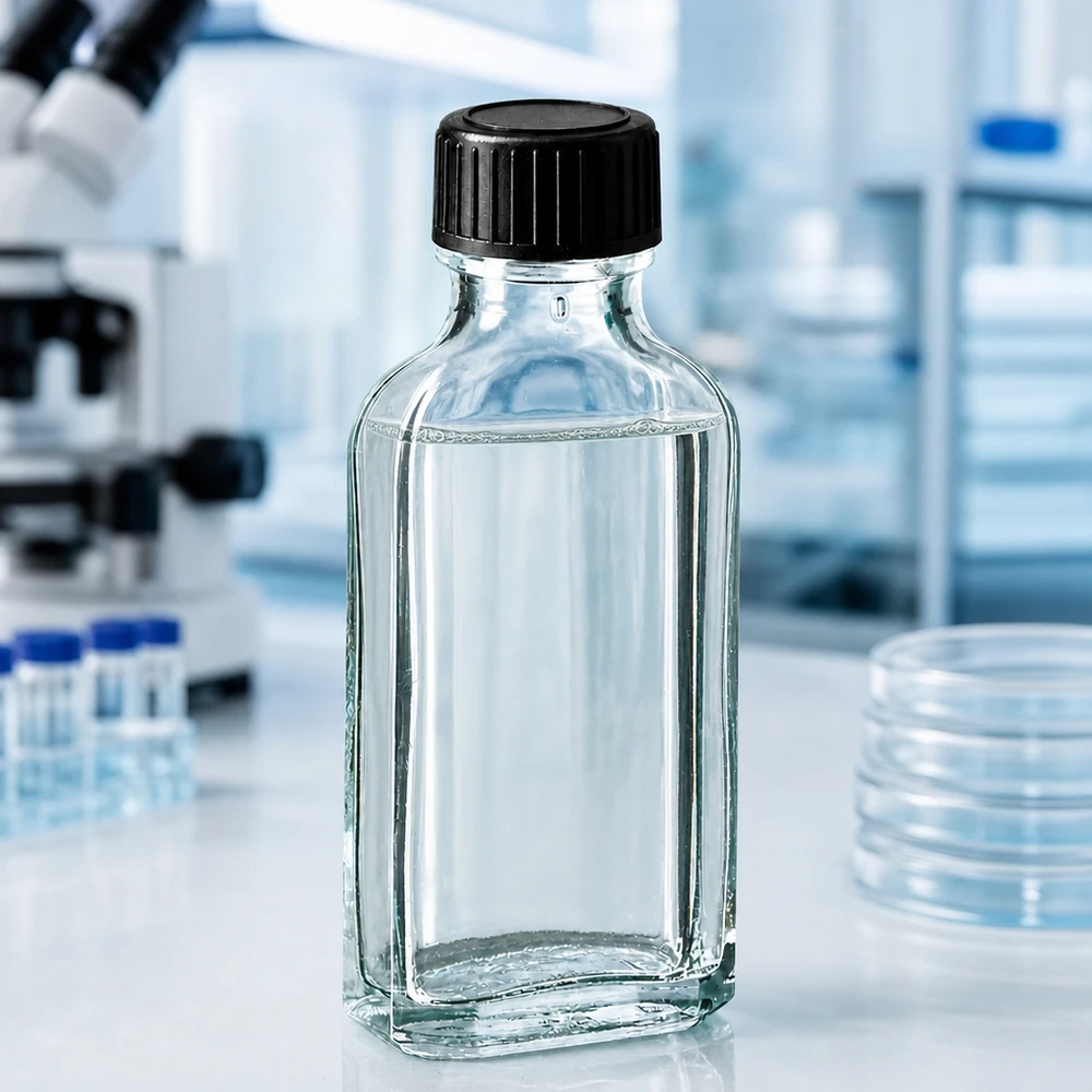 Flasque transparente de 50 ml au goulot DIN 22, avec bouchon à vis DIN 22 noir et joint PEE Flacon en verre transparent « Meplat » de 50 ml, muni d'un disque d'étanchéité en EPE et d'un bouchon noir, utilisé en milieu de laboratoire