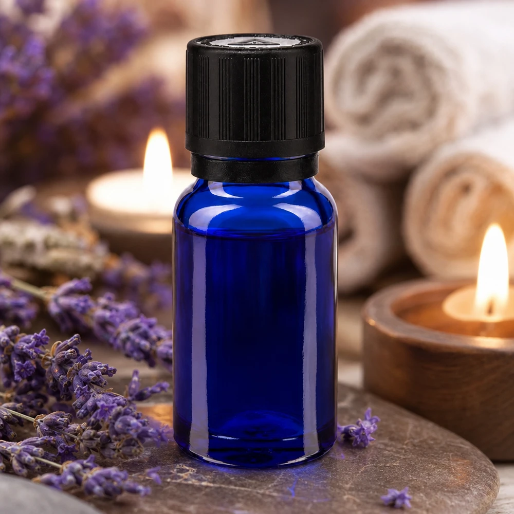 Flacon en verre bleu de 10 ml muni d'un compte-gouttes, posé parmi des fleurs de lavande et des bougies dans une ambiance de spa