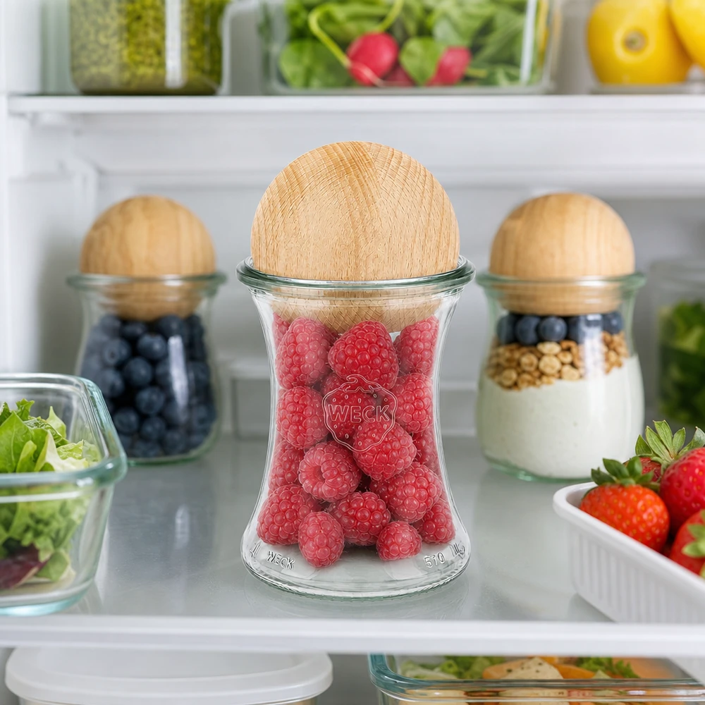 WECK Bocal 370ml RR80 Boule en bois hêtre réfrigérateur framboises baies fraîches bocal de conservation