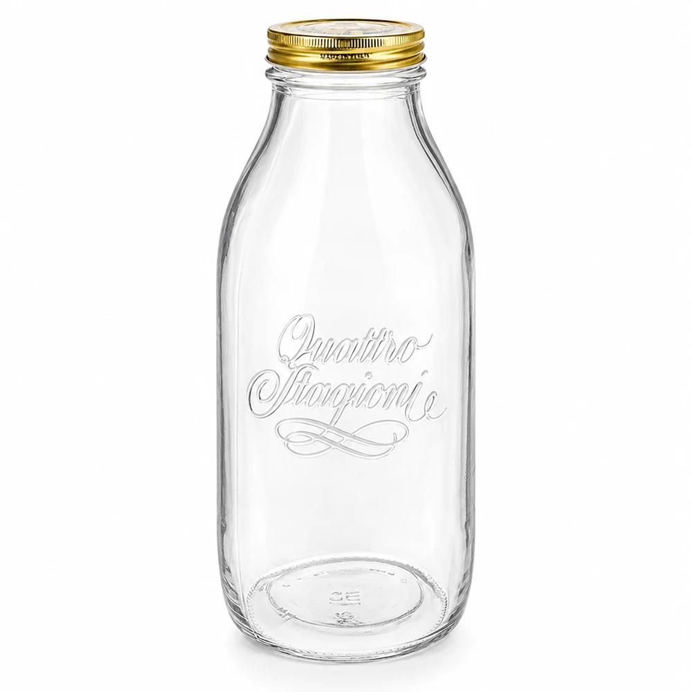 Bouteille en verre 1000ml Quattro Stagioni avec bouchon à visser doré, transparent avec écriture élégante, design bouteille de lait