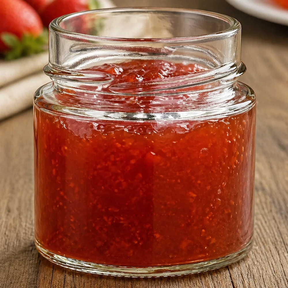135ml Verre rond sans couvercle (TO58deep) UNiTWIST Pot rond 135ml rempli de confiture rouge TO58 Couvercle Pot de confiture sur table en bois