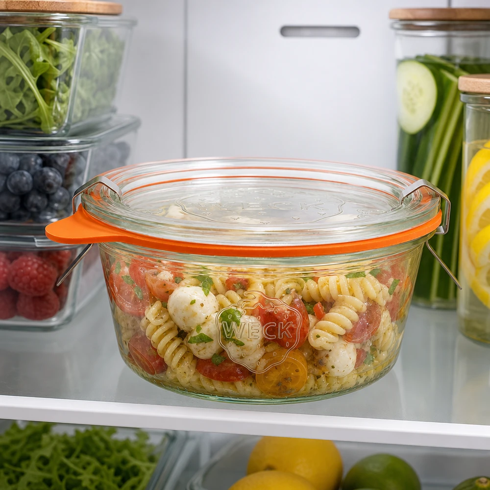 WECK Pot renversé 290ml RR100 avec salade de pâtes dans le réfrigérateur montre la conservation pratique des aliments