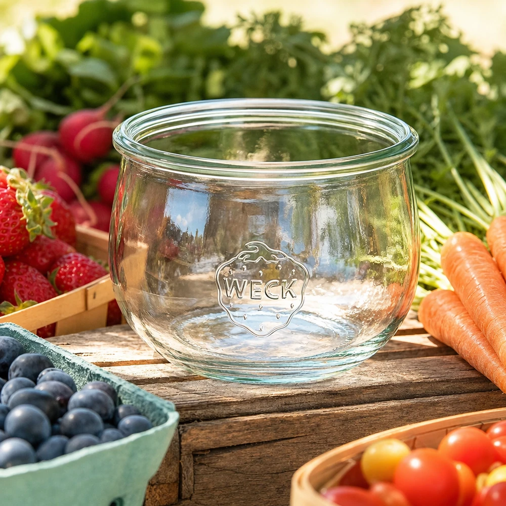 WECK Pot tulipe 580ml RR100 Pot de conservation en verre avec logo entouré de fruits et légumes frais sur table en bois