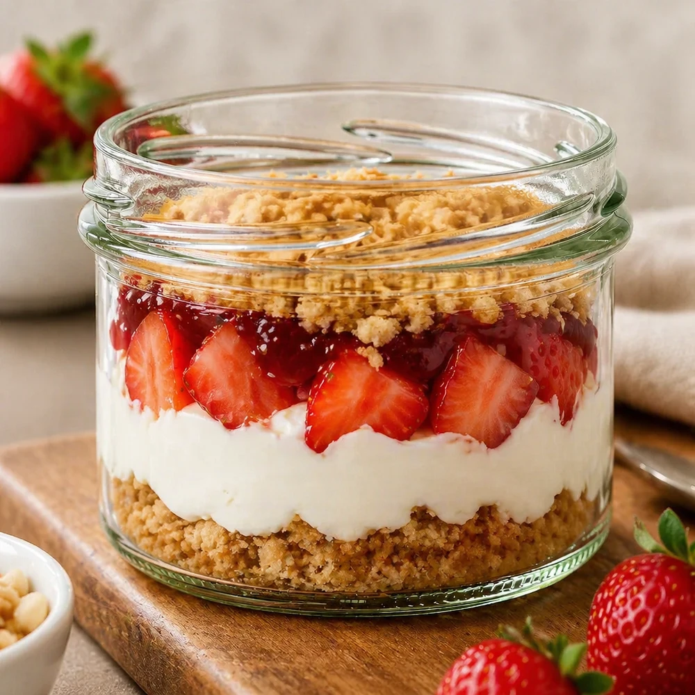 UNiTWIST Sturz225 - Verre renversé contenu 225ml TO82 UNiTWIST Sturz225 Verre renversé 225ml TO82 avec dessert à la fraise Dessert stratifié fond de biscuit au yaourt dans un verre