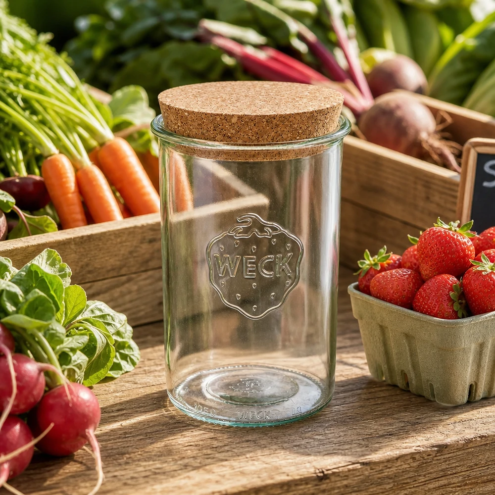 1000ml bocal conique WECK RR100 avec bouchon nature WECK Sturzglas 1000ml RR100 mit Korken zwischen frischem Gemüse und Erdbeeren natürliche Küchenszene Vorratsglas