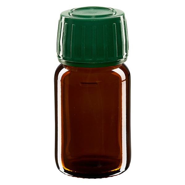Flacon médical 30 ml couleur ambrée avec bouchon verte Flacon médical 30 ml couleur ambrée avec bouchon verte