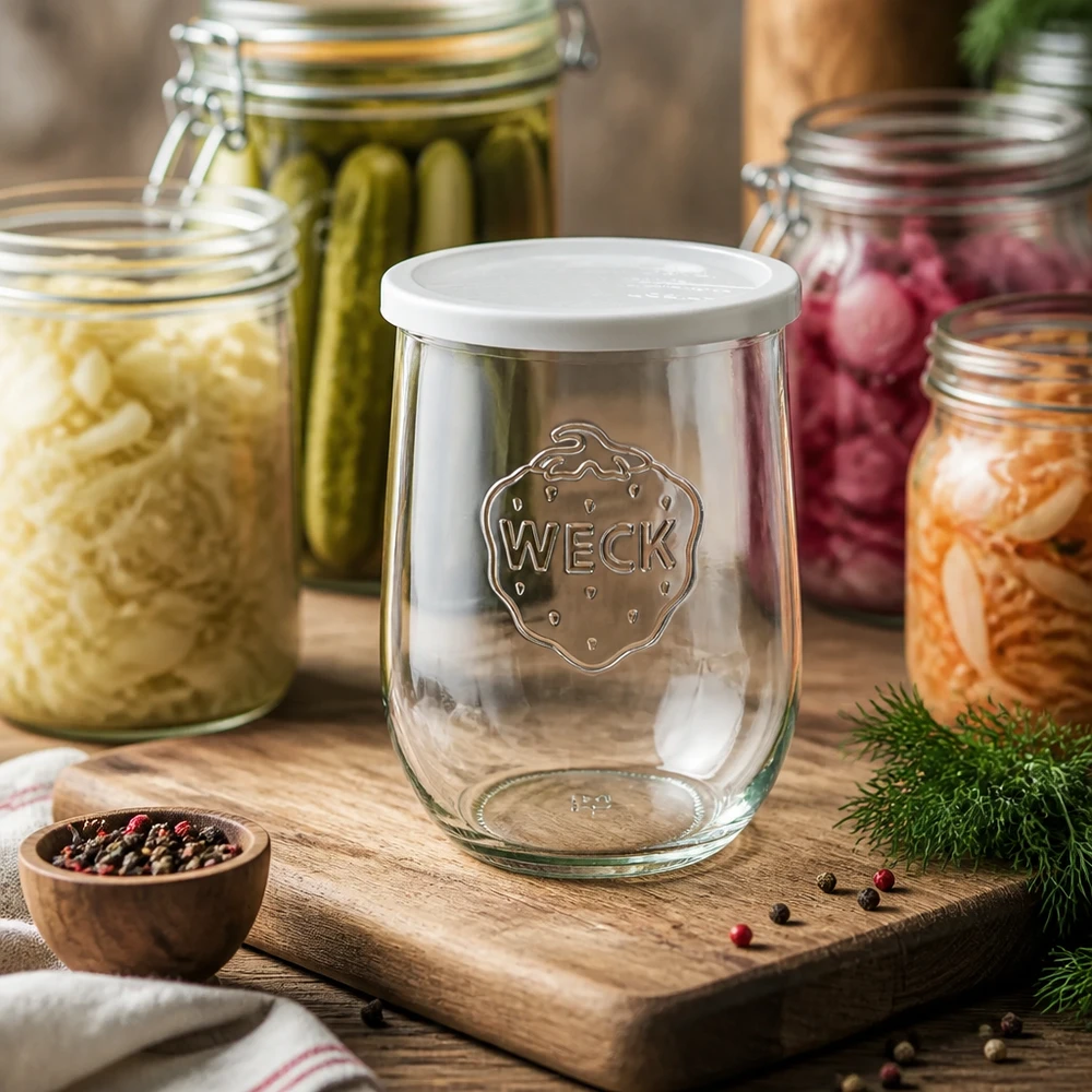 1062ml bocal tulipe avec couvercle fraîcheur WECK RR100 WECK Pot tulipe 1062ml RR100 vide avec couvercle blanc sur planche en bois entouré de bocaux pleins de légumes et d'épices