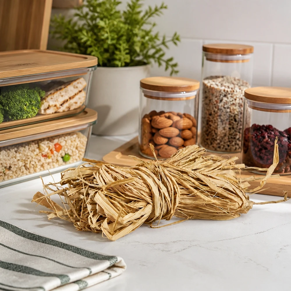 Ficelle naturelle pour la décoration, 30 g Raphia naturel 30g beige doré sur plan de travail de cuisine avec bocaux à provisions montre une organisation pratique de la cuisine et des idées de décoration