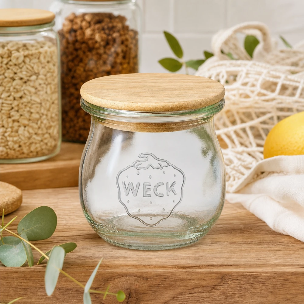 Pot tulipe 75ml WECK RR40 avec couvercle en bois WECK Pot tulipe 75ml RR40 vide avec couvercle en bois dans la cuisine durable entre les bocaux à provisions et les filets à provisions
