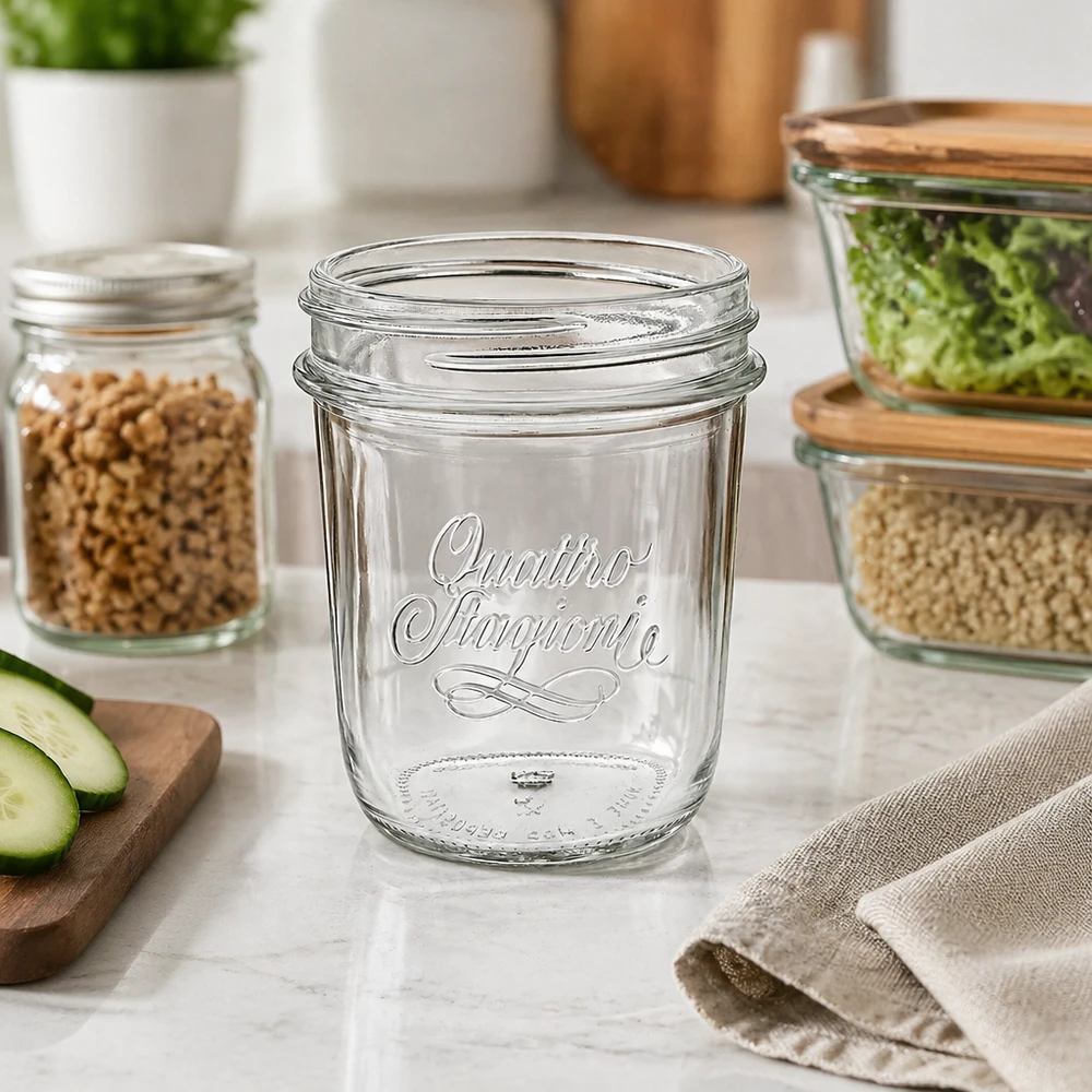 320ml Verre à pied 'Quattro Stagioni' QS86mm Quattro Stagioni Sturzglas 320ml auf Küchentheke mit Lebensmitteln - elegantes Einmachglas für Vorratshaltung