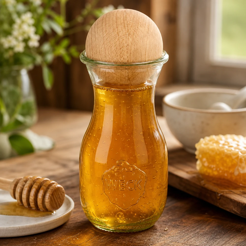 290ml Bouteille à jus de fruits WECK RR60 avec boule en bois en hêtre WECK Bouteille de jus de fruits 290ml remplie de miel avec boule en bois de hêtre, décorée d'un nid d'abeille et d'une cuillère à miel