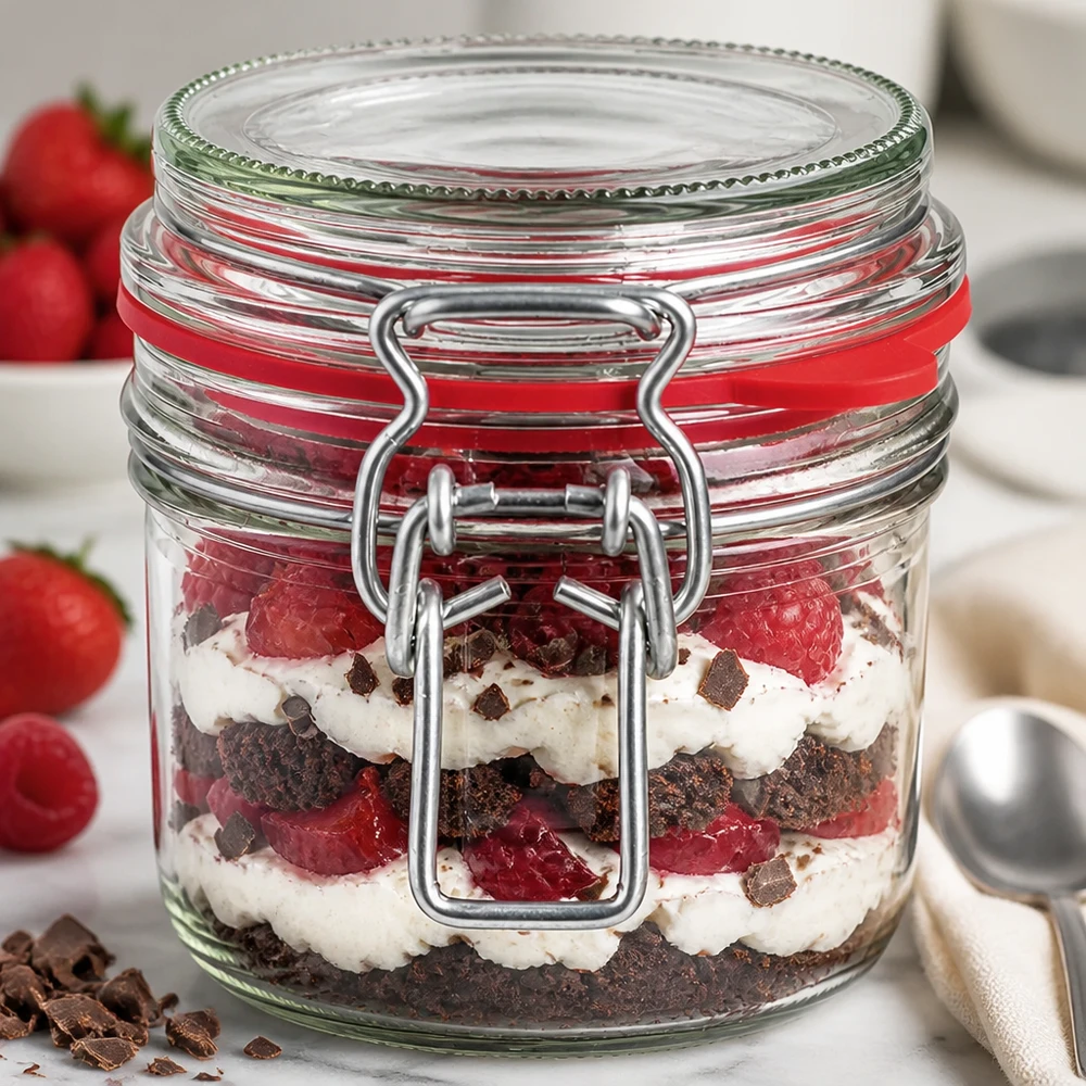 Bocal de conservation de 255 ml, type G, avec bouchon à clip UN.. 255ml Bügelverschluss-Glas mit geschichtetem Erdbeer-Schoko-Dessert, perfekt für Trifle und süße Leckereien
