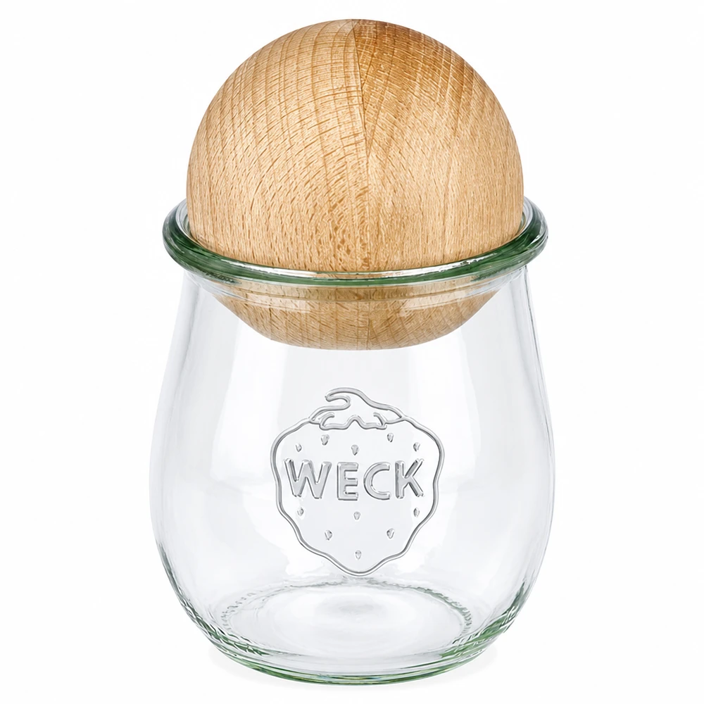 220ml bocal tulipe WECK RR60 avec boule en bois en hêtre WECK Pot tulipe 220ml RR60 avec boule de hêtre naturelle en guise de couvercle, pot à conserves transparent avec fermeture en bois