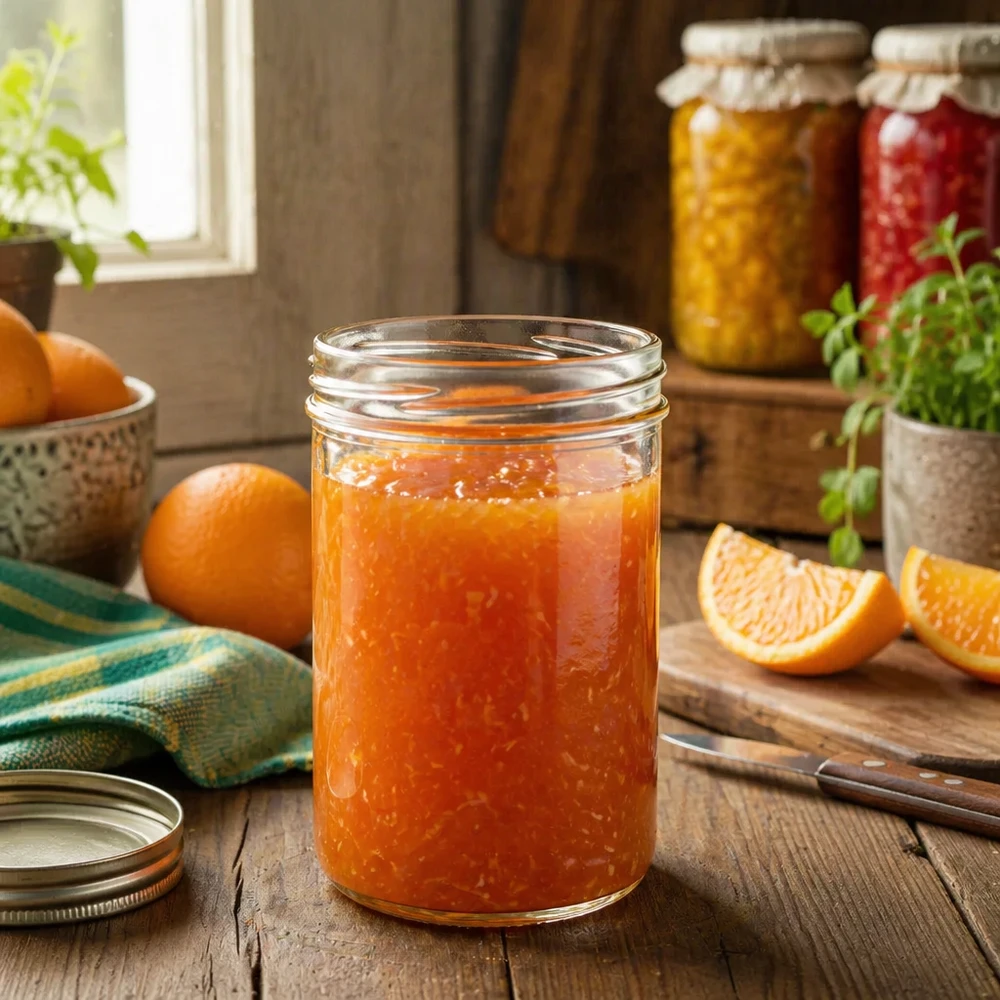 UNiTWIST Sturz435 Pot de conserve 435ml rempli de confiture d'orange maison dans une cuisine rustique avec des oranges fraîches