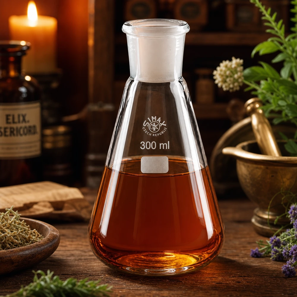 Fiole Erlenmeyer 300ml avec coupe normalisée 29/32 remplie de substance rouge-brun dans une atmosphère évocatrice
