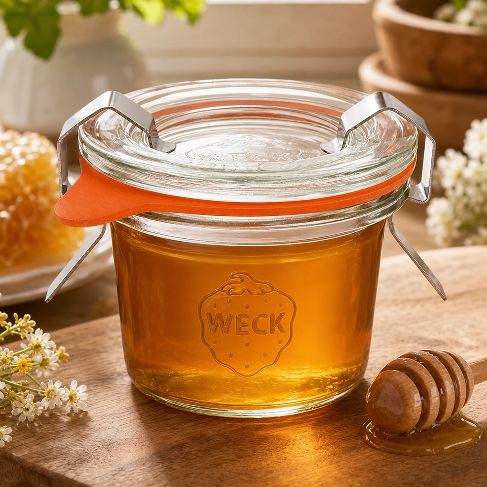 WECK Sturzglas 35ml RR40 mit goldenem Honig gefüllt neben Honiglöffel und Waben zeigt natürliche Lagerung